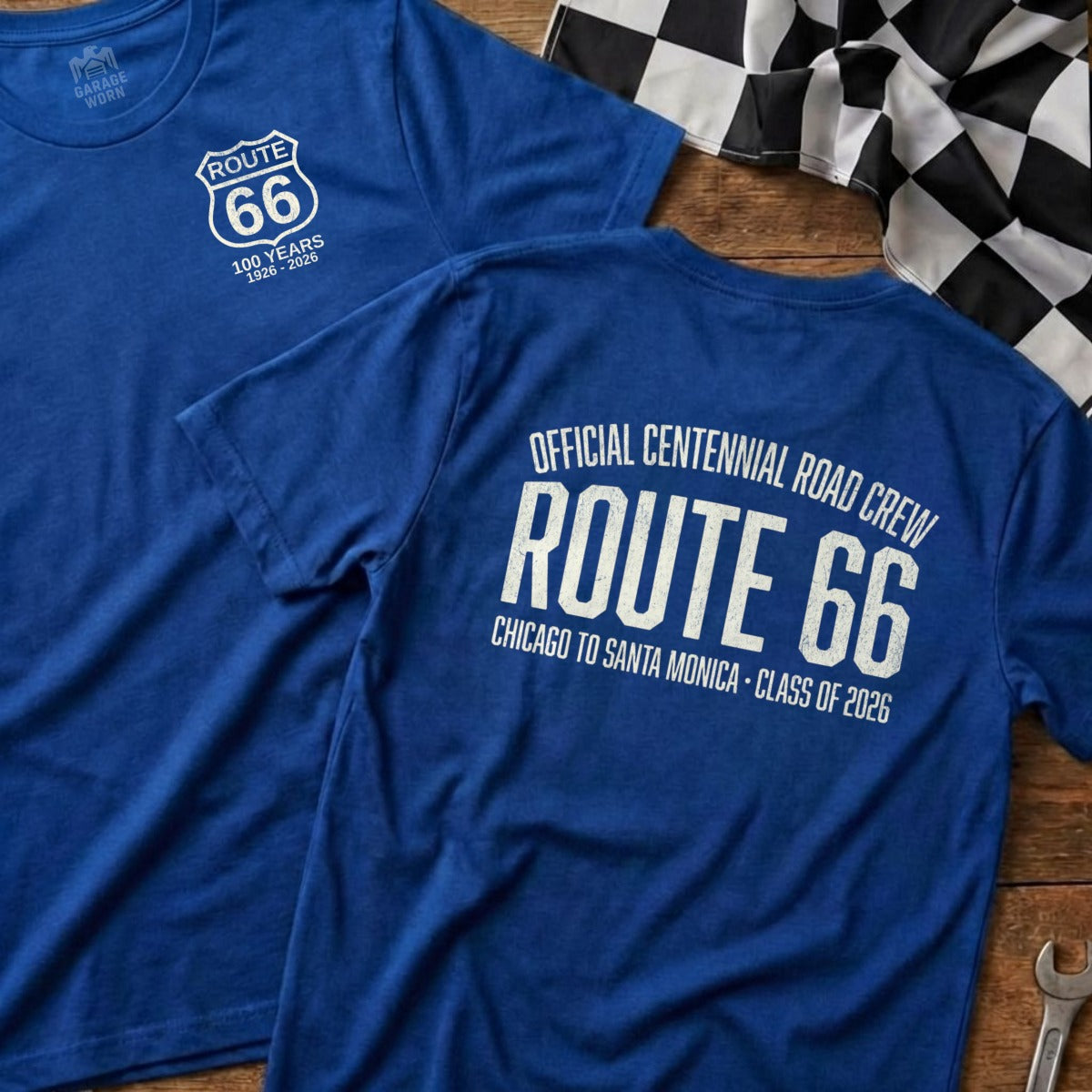 Blue t-shirt with Route 66 centennial logo and "Official Centennial Road Crew" text.