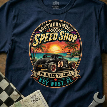 Southernmost Speed Shop t-shirt with a hot rod at sunset in Key West, Florida.