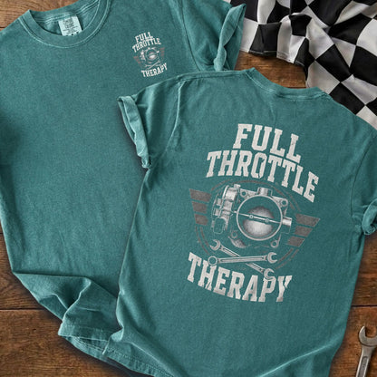Teal t-shirt with "Full Throttle Therapy" graphic featuring a throttle body and wrenches.