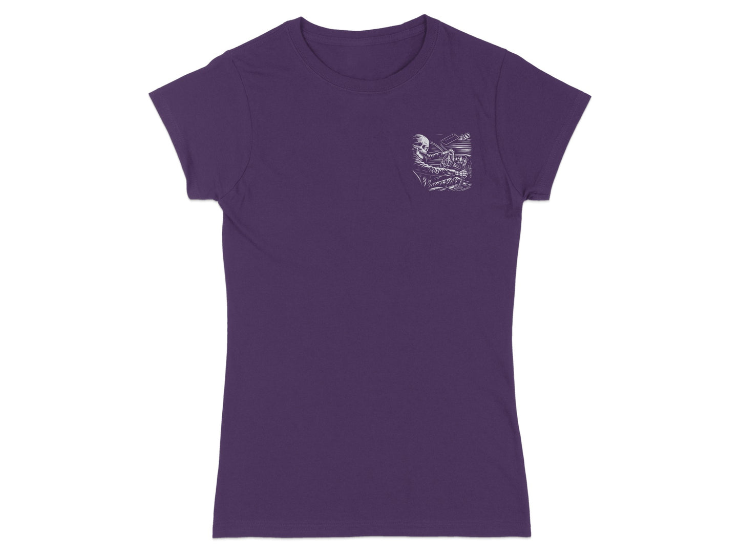 Purple t-shirt with a small black and white pocket print of a skeleton playing piano.