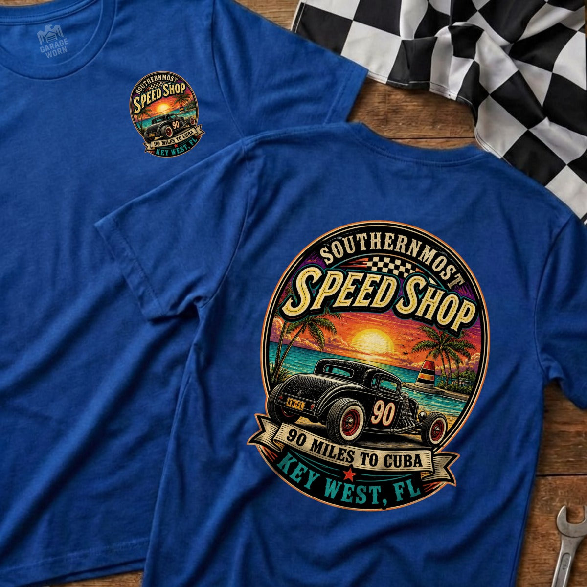 Blue t-shirt with "Southernmost Speed Shop" graphic featuring a hot rod.