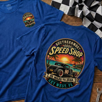 Blue t-shirt with "Southernmost Speed Shop" graphic featuring a hot rod.
