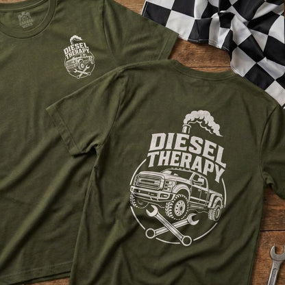 Olive green t-shirts with "Diesel Therapy" graphic of a truck and wrenches.