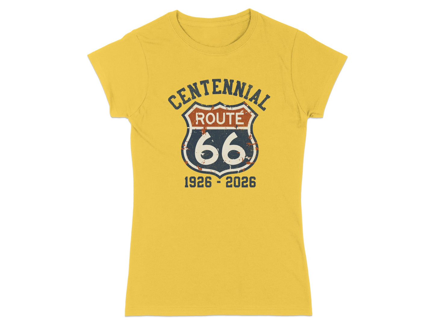 Yellow t-shirt with distressed Route 66 centennial logo and dates 1926-2026.