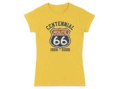 Yellow t-shirt with distressed Route 66 centennial logo and dates 1926-2026.