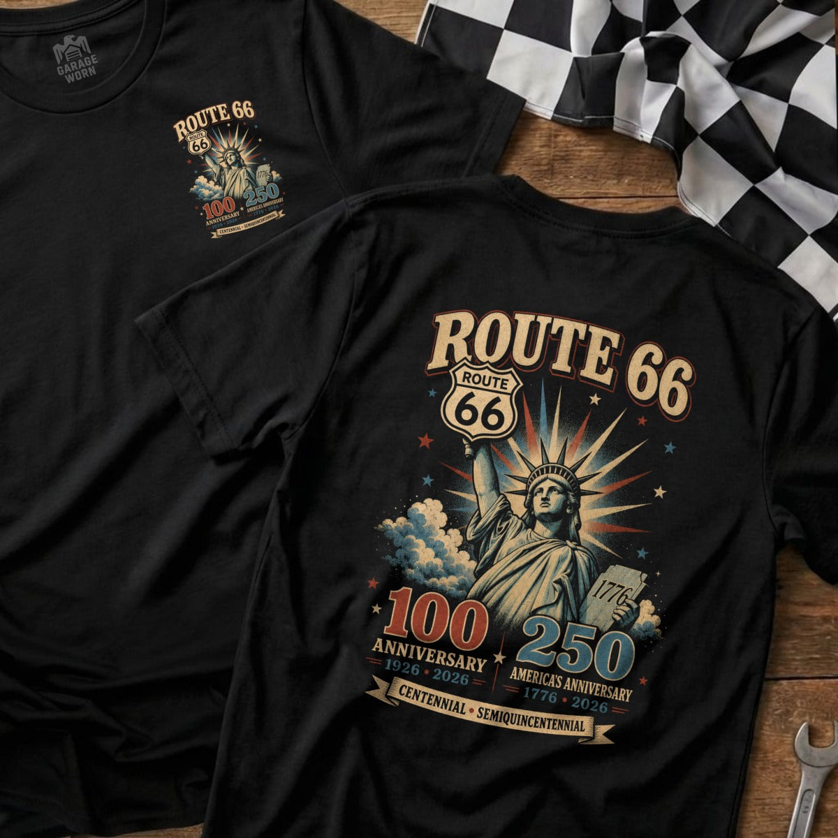 Two black t-shirts with a Route 66 graphic featuring the Statue of Liberty.