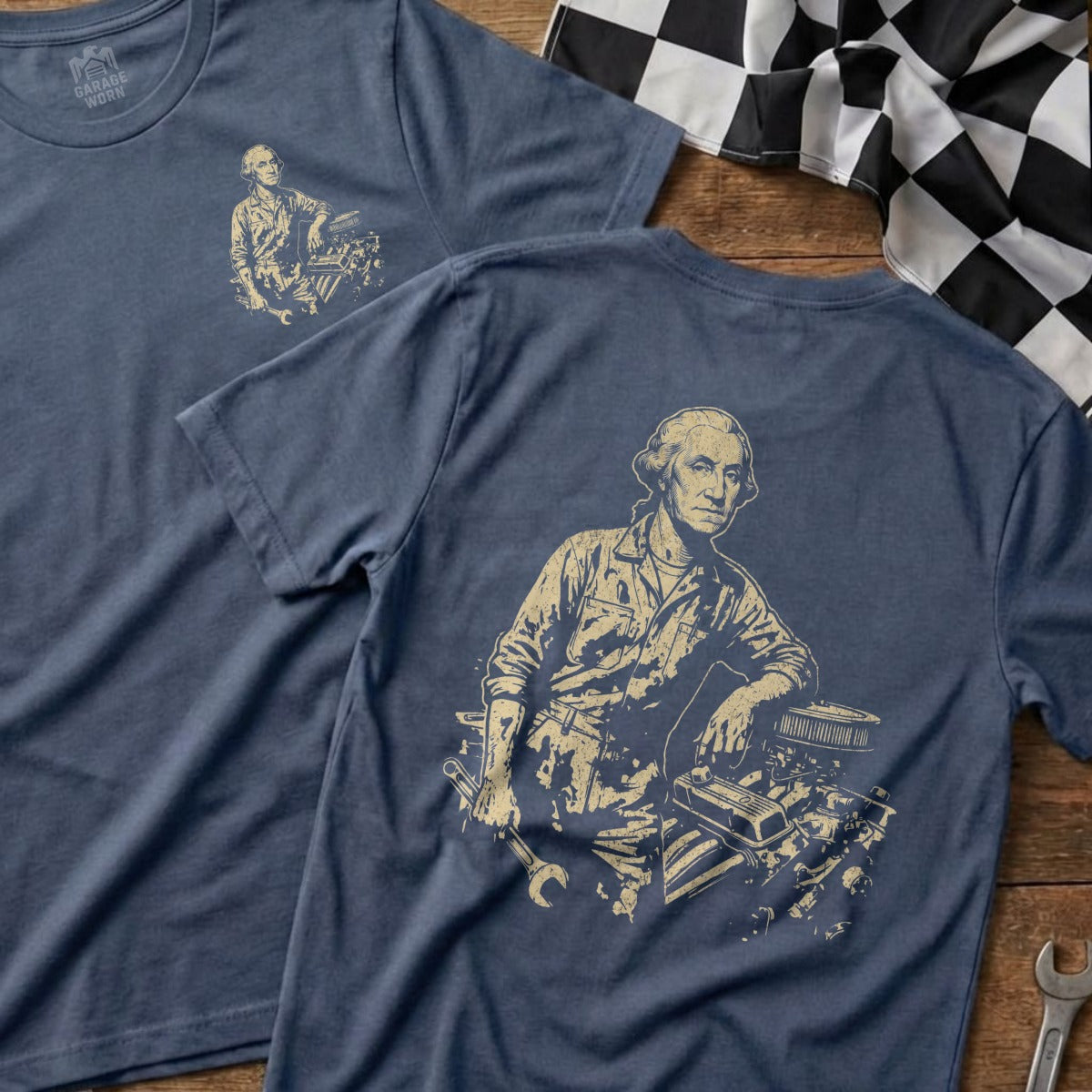 Two navy t-shirts with George Washington and engine illustration.
