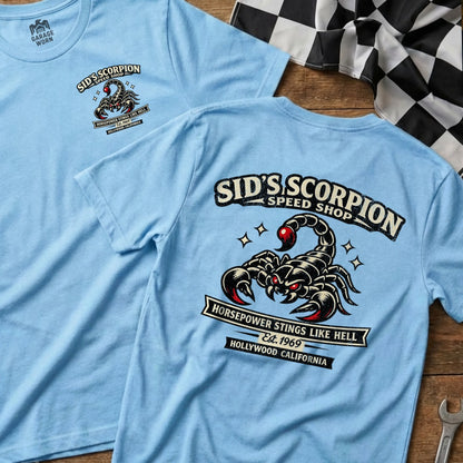 Sid's Scorpion Speed Shop Horsepower Stings T-Shirt