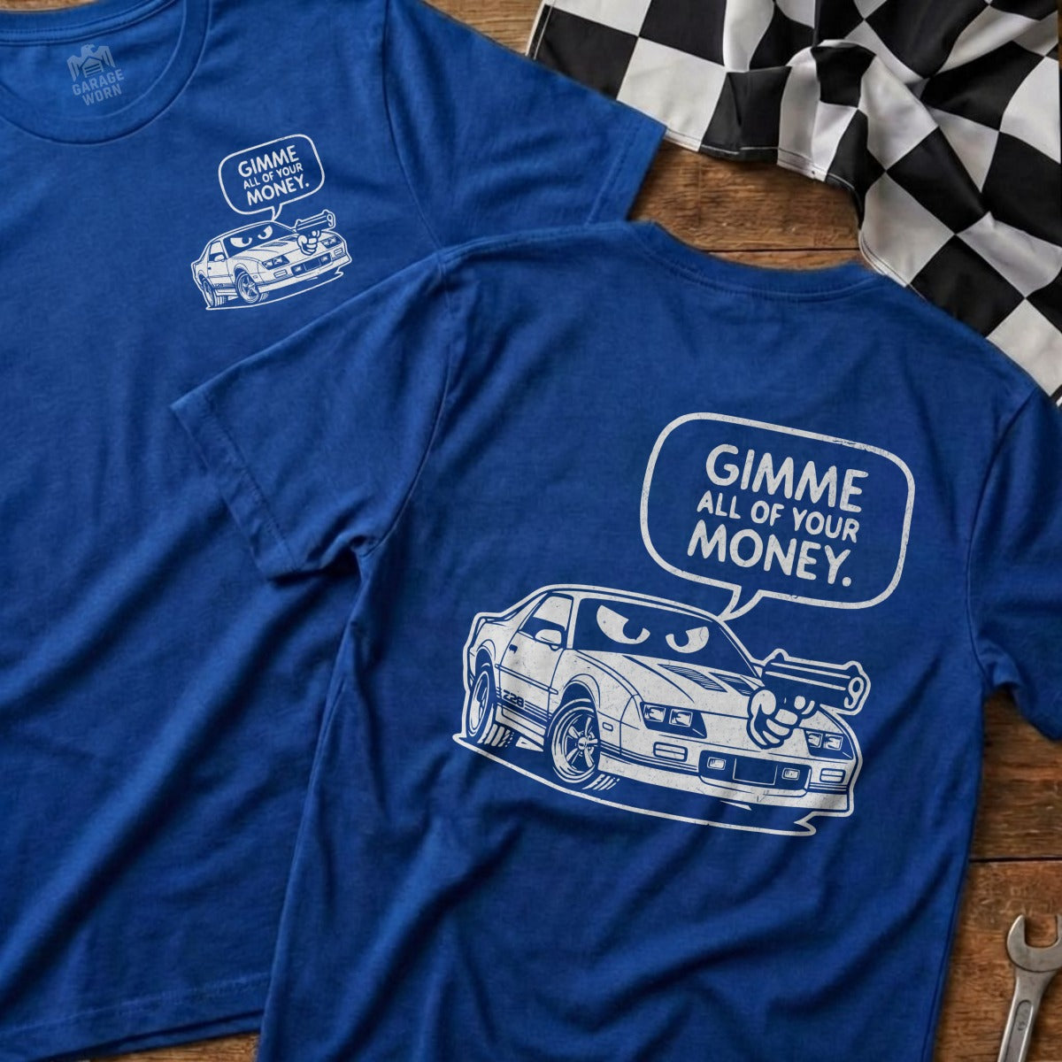 Gimme All of Your Money Funny Car Graphic Blue product type