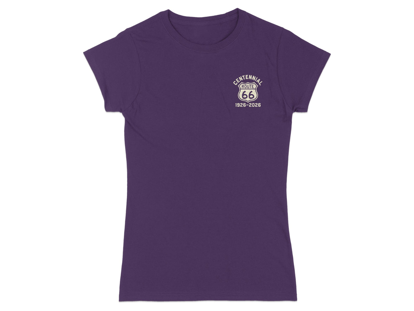 Purple t-shirt with "Centennial Route 66 1926-2026" logo on chest.