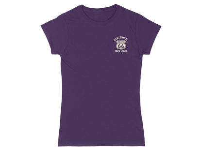 Purple t-shirt with "Centennial Route 66 1926-2026" logo on chest.