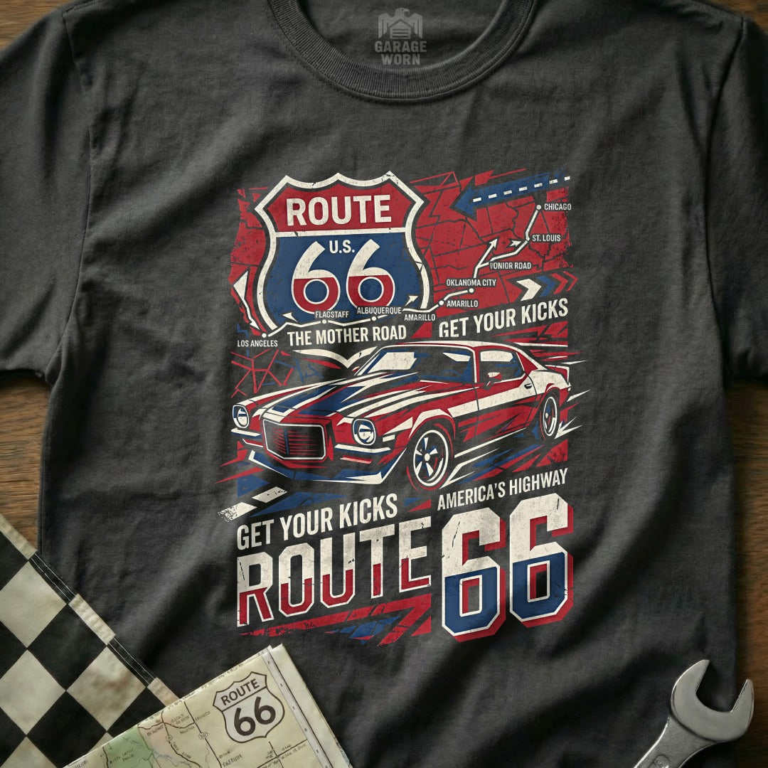 T-shirt featuring Route 66 graphics with a vintage car and map.