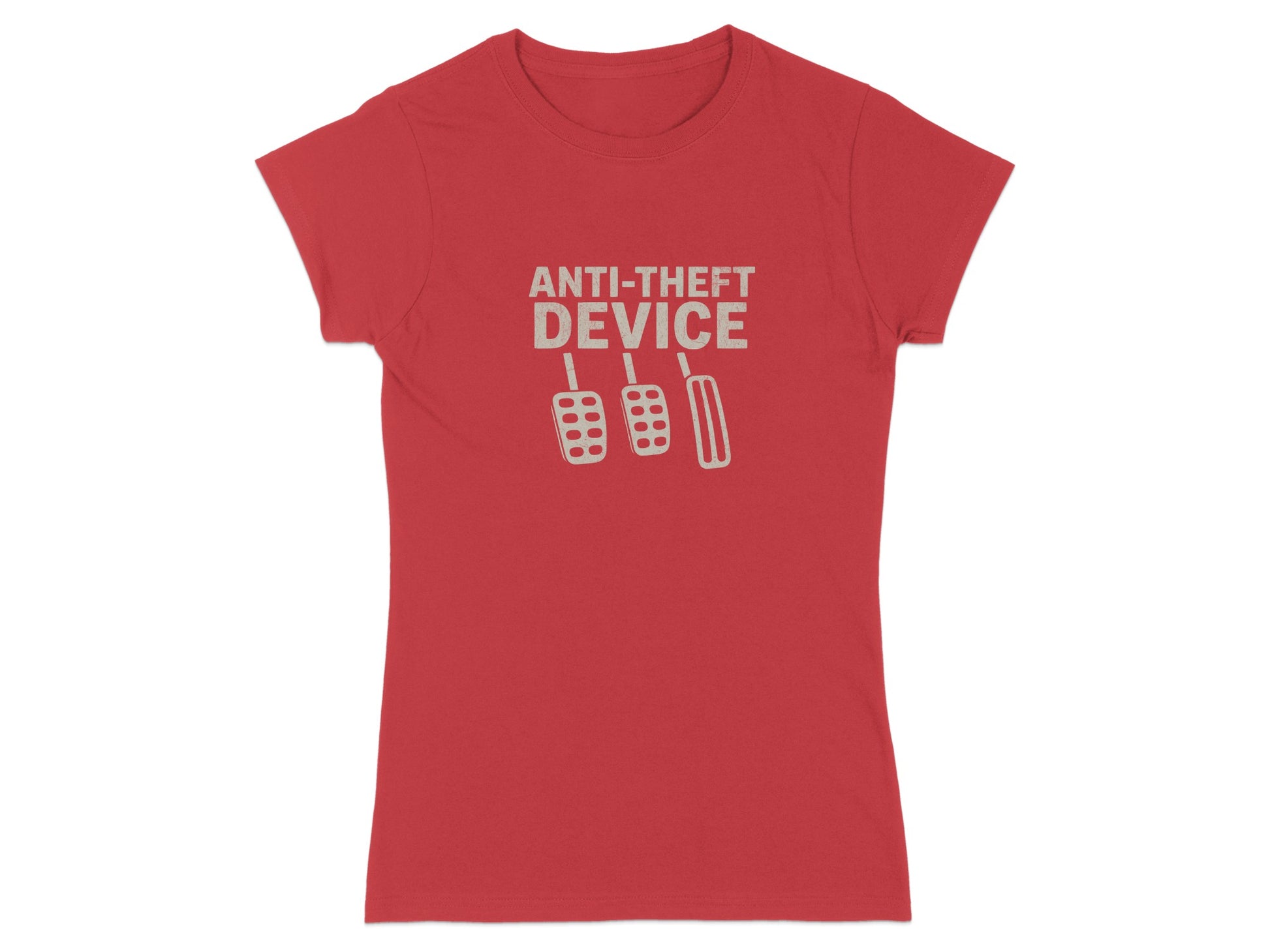 Red t-shirt with "ANTI-THEFT DEVICE" and three pedal graphics.