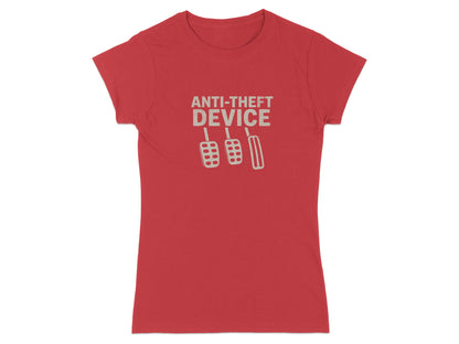 Red t-shirt with "ANTI-THEFT DEVICE" and three pedal graphics.