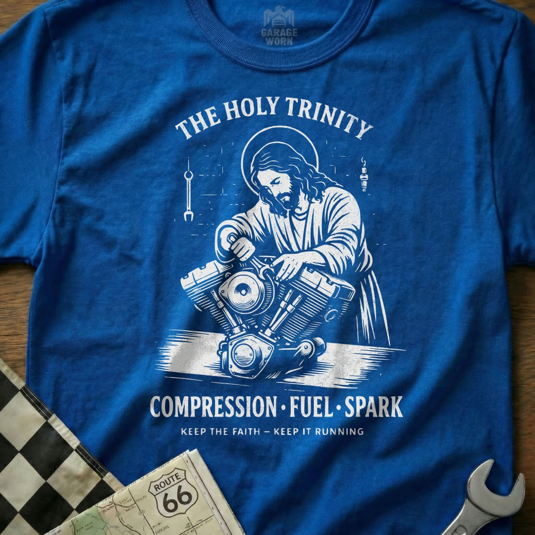 THE HOLY TRINITY COMPRESSION FUEL SPARK KEEP product type
Holy Trinity, Motorcycle Engine, Jesus Mechanic, Biker Theme, Religious Design, Engine Repair, Spark Plug, Fuel Compression, Route 66, Garage Worn, V Twin Engine, Mechanical Art, Keep The Faith, Auto Enthusiast, Motorcycle Art, Christian Biker, Custom Bike, Engine Power, Wrench Tool, Blue Apparel