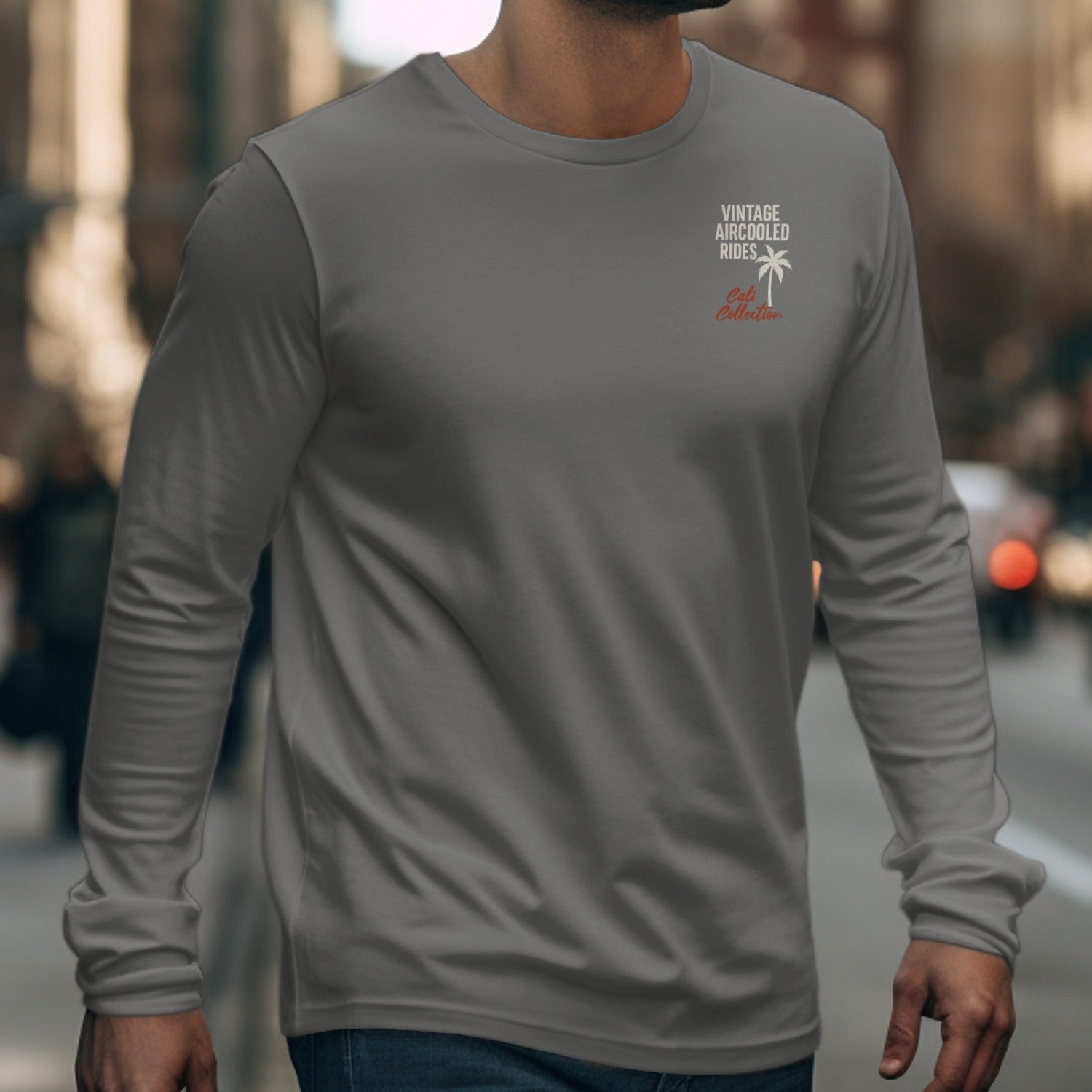 Gray long-sleeve shirt with "Vintage Aircooled Rides Cali Collection" text and palm tree logo.