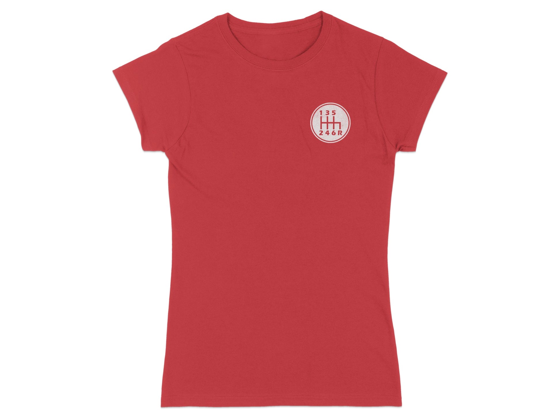 Red t-shirt with a circular white patch showing a manual gear shift pattern.