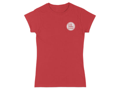 Red t-shirt with a circular white patch showing a manual gear shift pattern.
