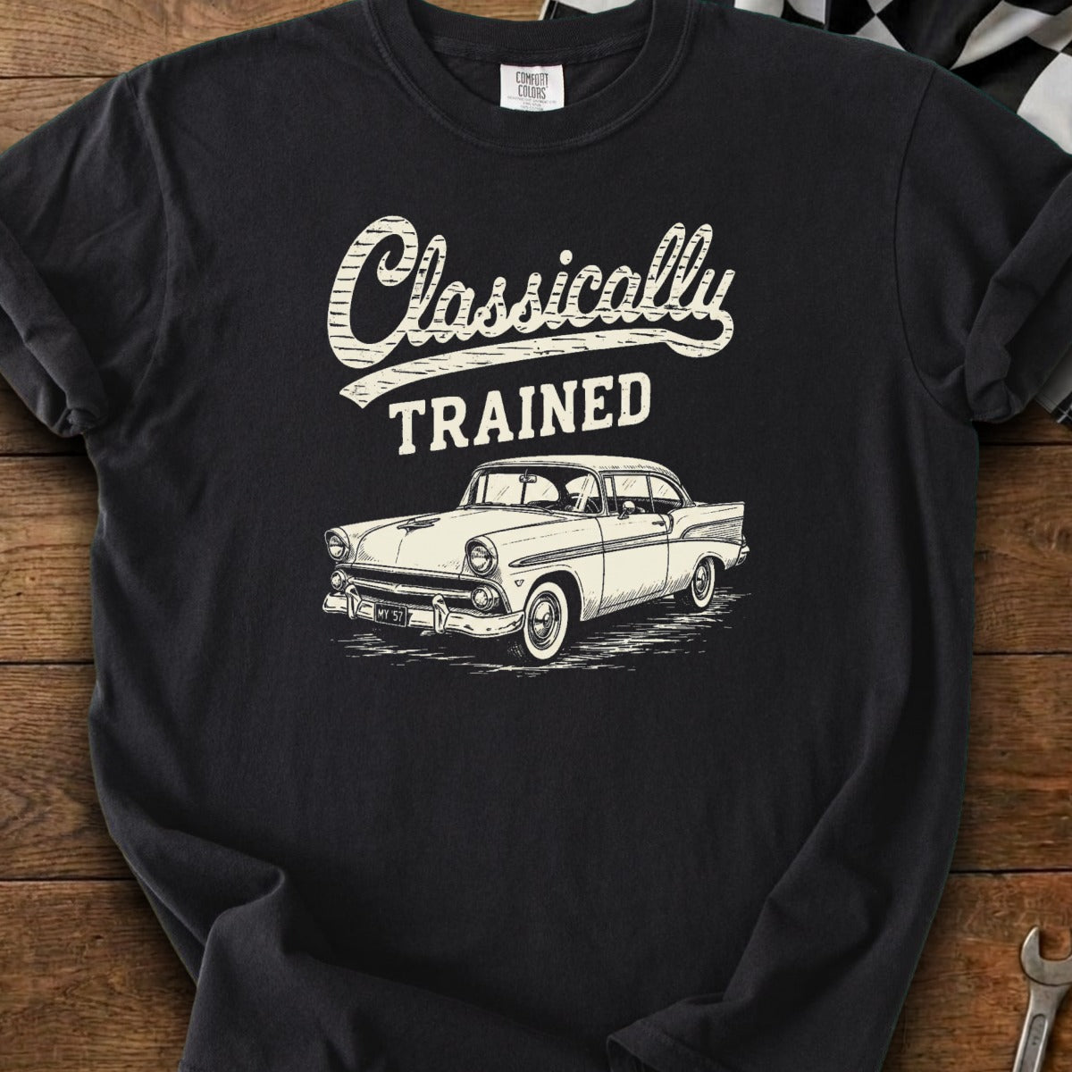 Black t-shirt with "Classically TRAINED" text and a vintage car illustration.