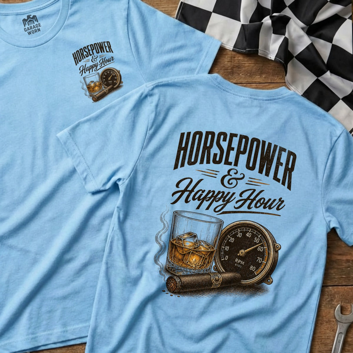 Light blue t-shirts with "Horsepower & Happy Hour" graphic and racing flag.