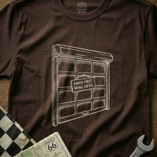 Brown t-shirt with sketch of a garage door that says "Knock first. Bring coffee."