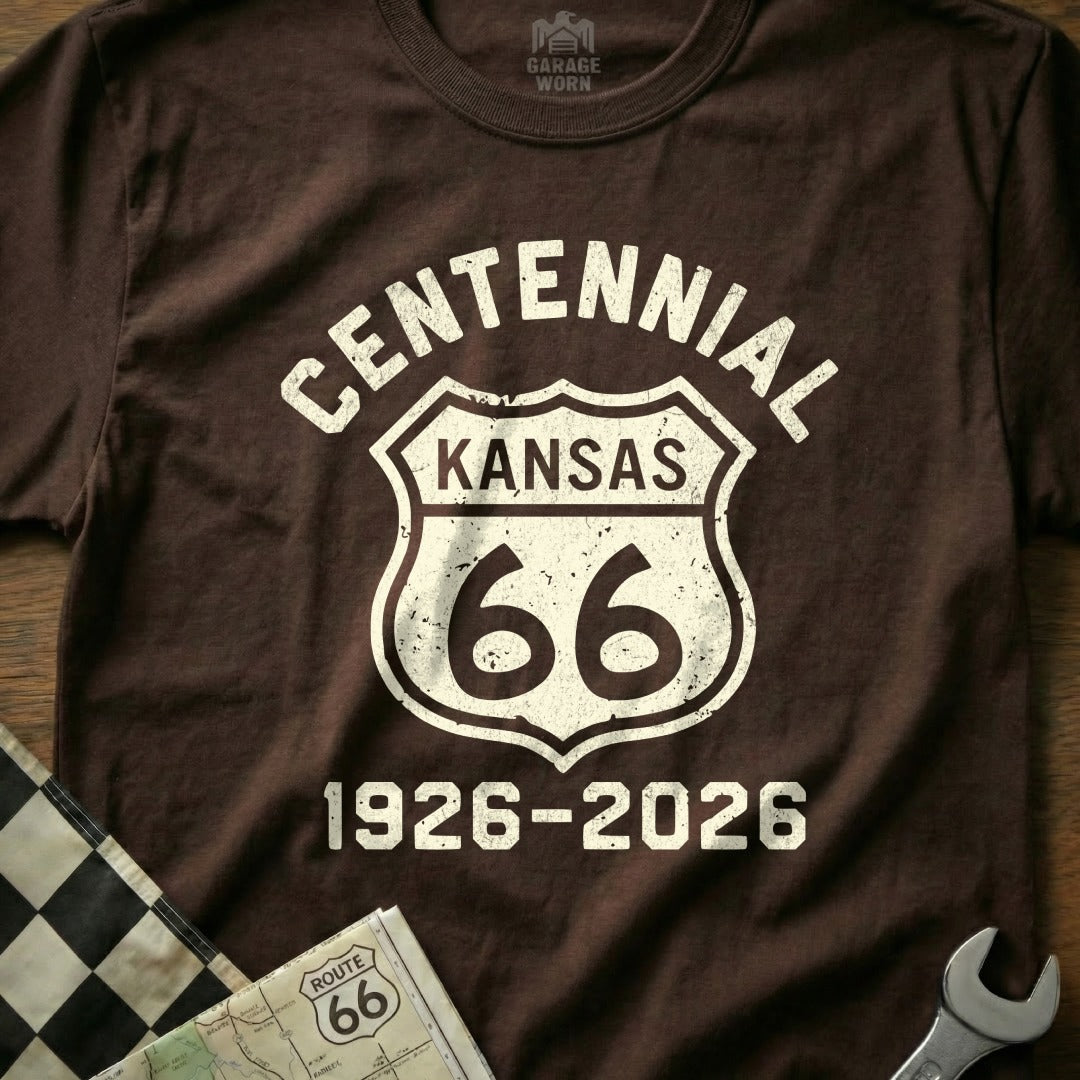 Brown t-shirt with "Centennial Kansas 66" and "1926-2026" in a shield.