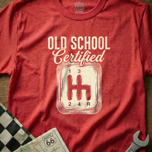 Red t-shirt with "Old School Certified" and a vintage gear shift diagram.