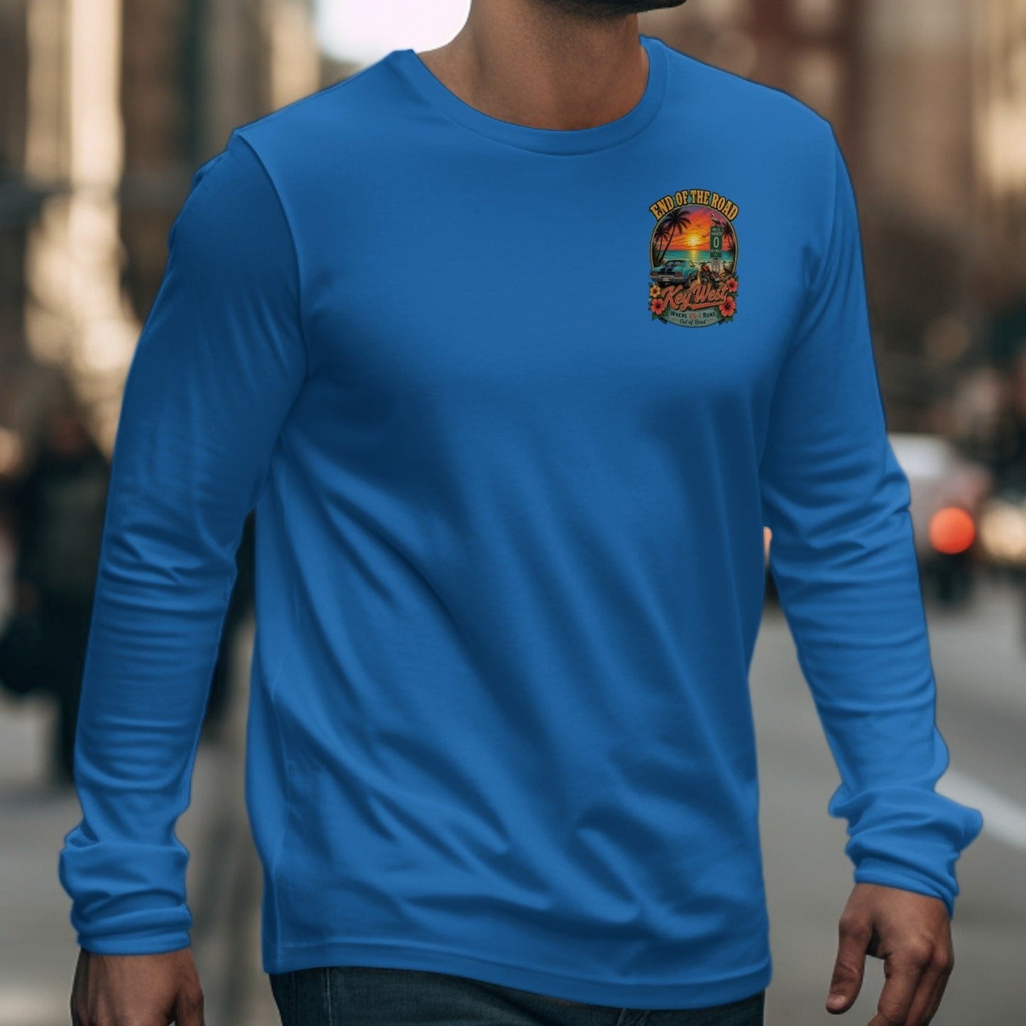 Blue long-sleeve shirt with Key West "End of the Road" graphic.