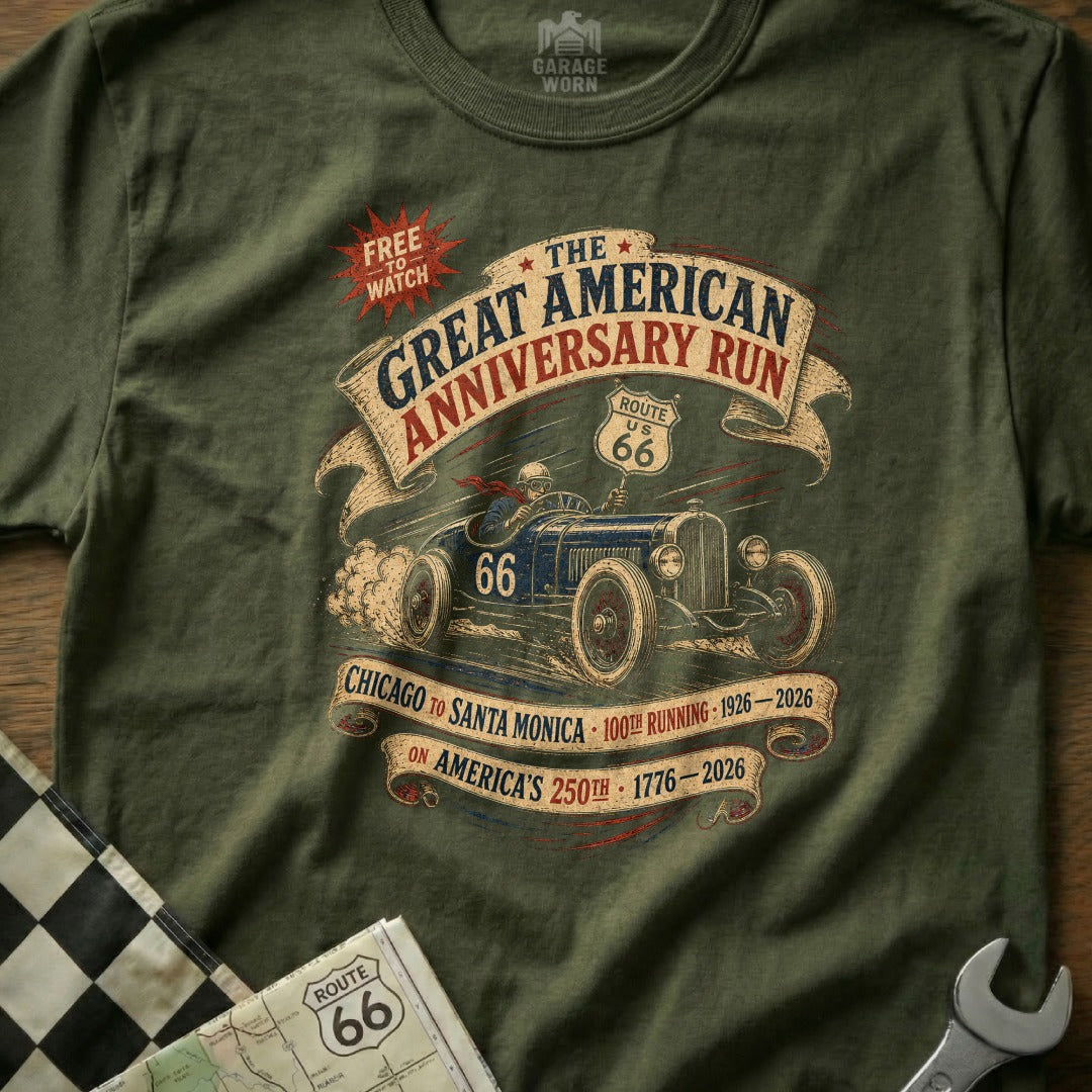 Green t-shirt with vintage car and Route 66 anniversary run graphic.