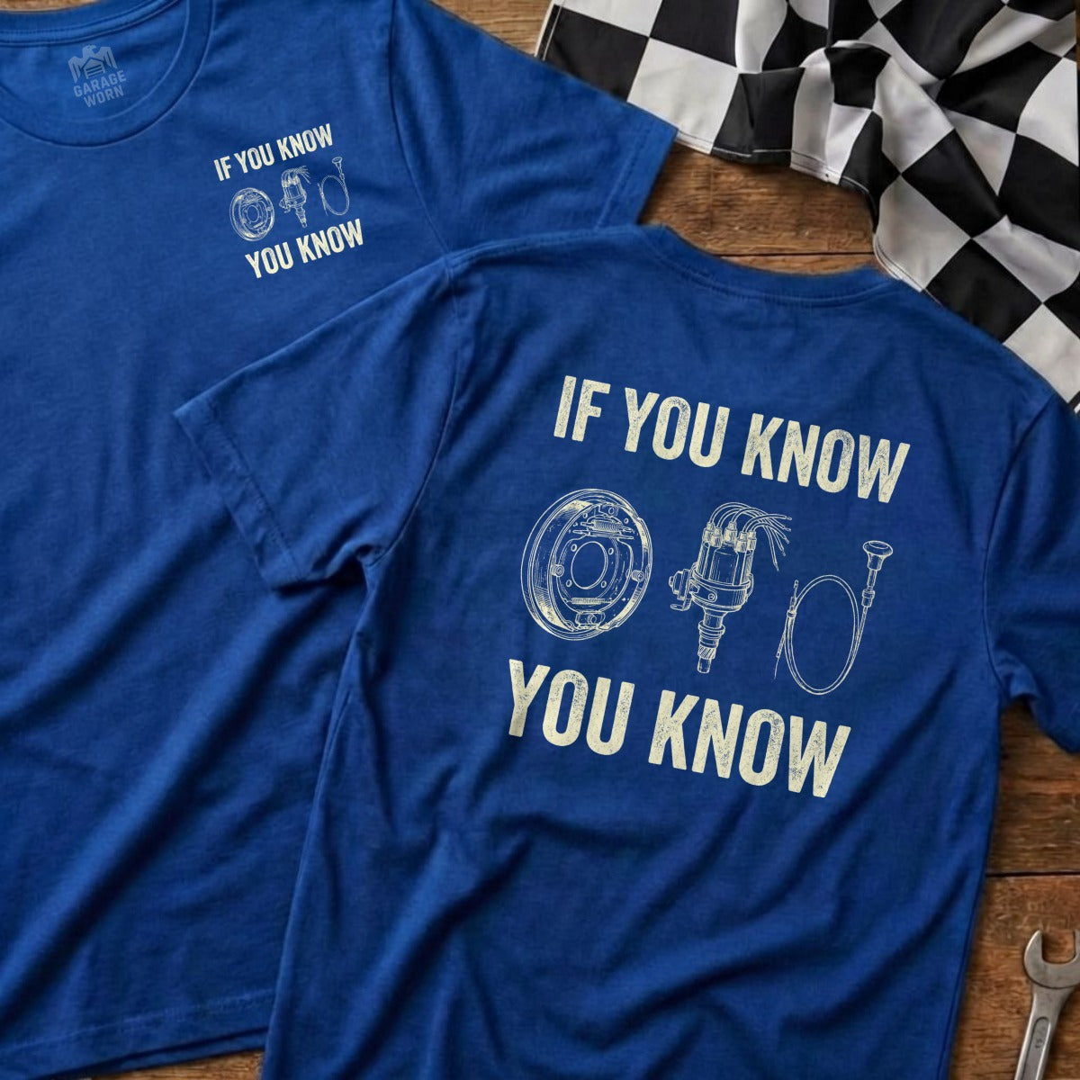 Blue t-shirt with "If You Know You Know" and automotive illustration.