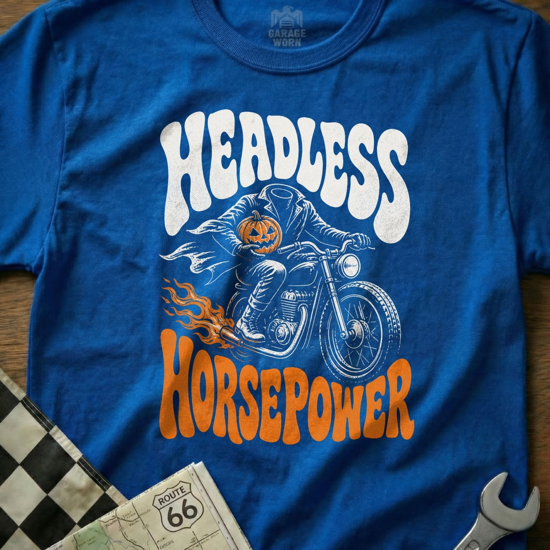 Headless Horsepower graphic on a blue t-shirt with pumpkin and motorcycle.