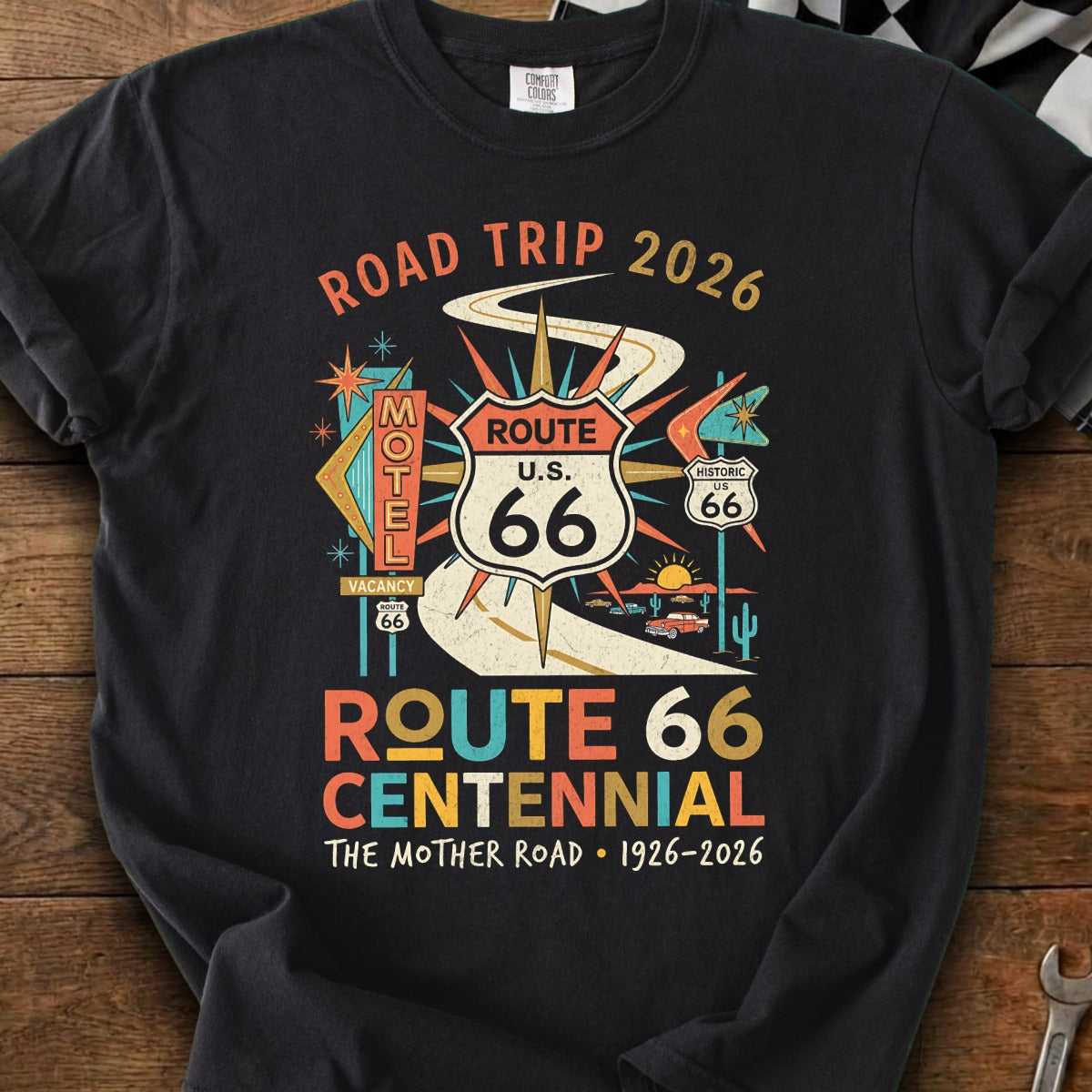 Route 66 Centennial Road Trip 2026 black t-shirt design.