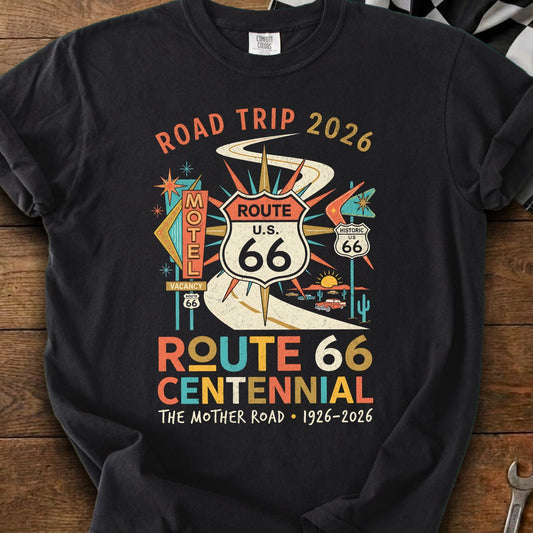 Route 66 Centennial Road Trip 2026 black t-shirt design.