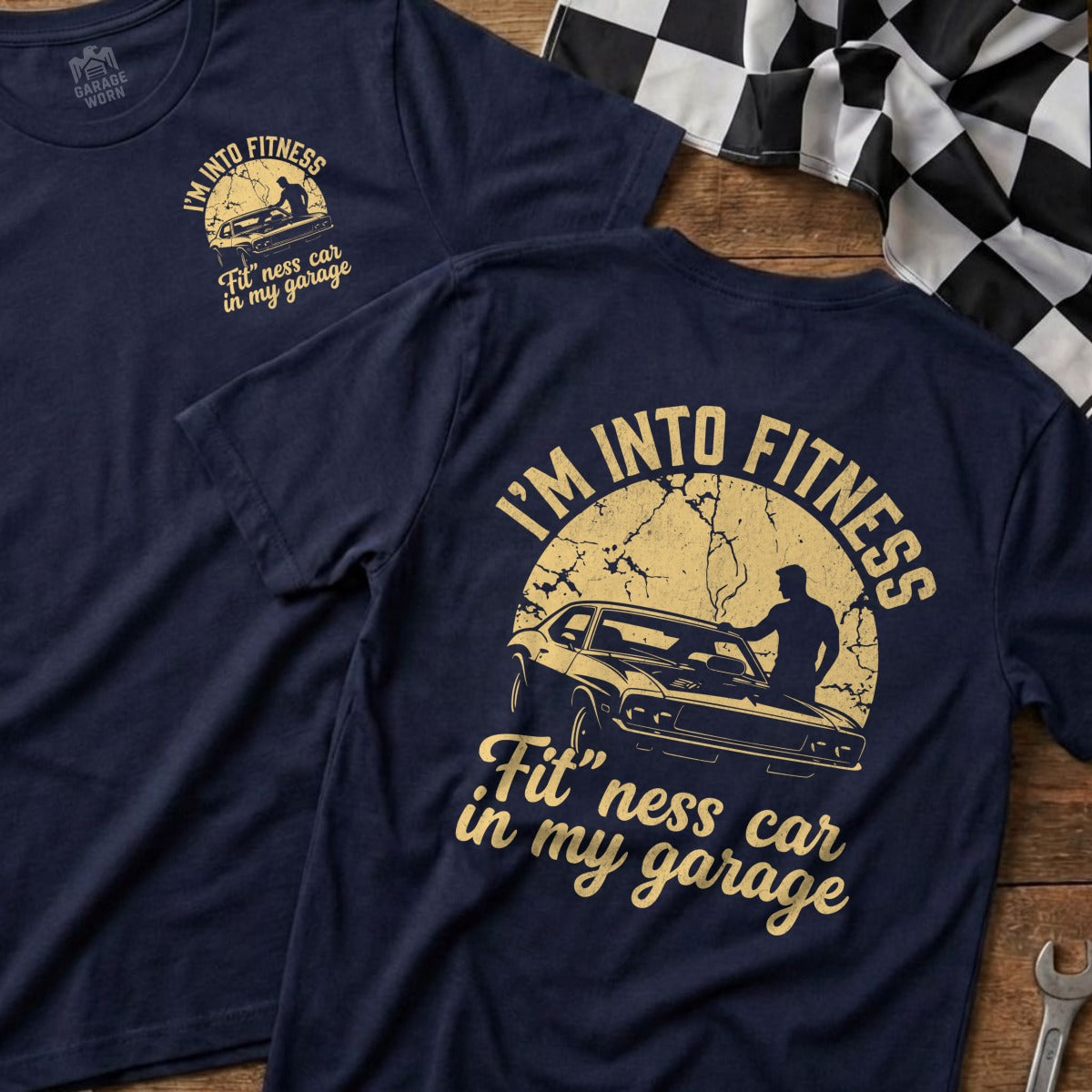 Navy t-shirt with "I'm into fitness, Fit'ness car in my garage" text and car graphic.