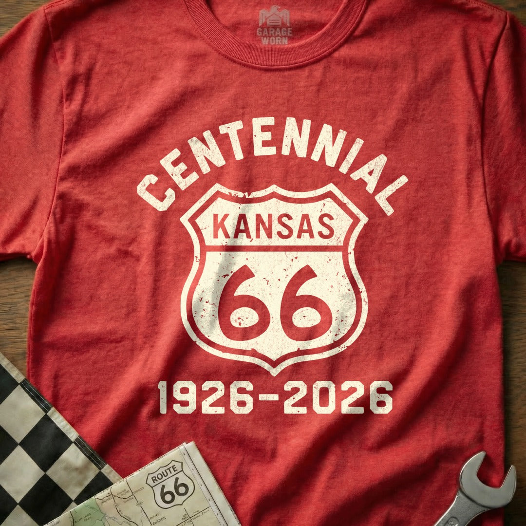 Red t-shirt with "Centennial Kansas Route 66 1926-2026" graphic.