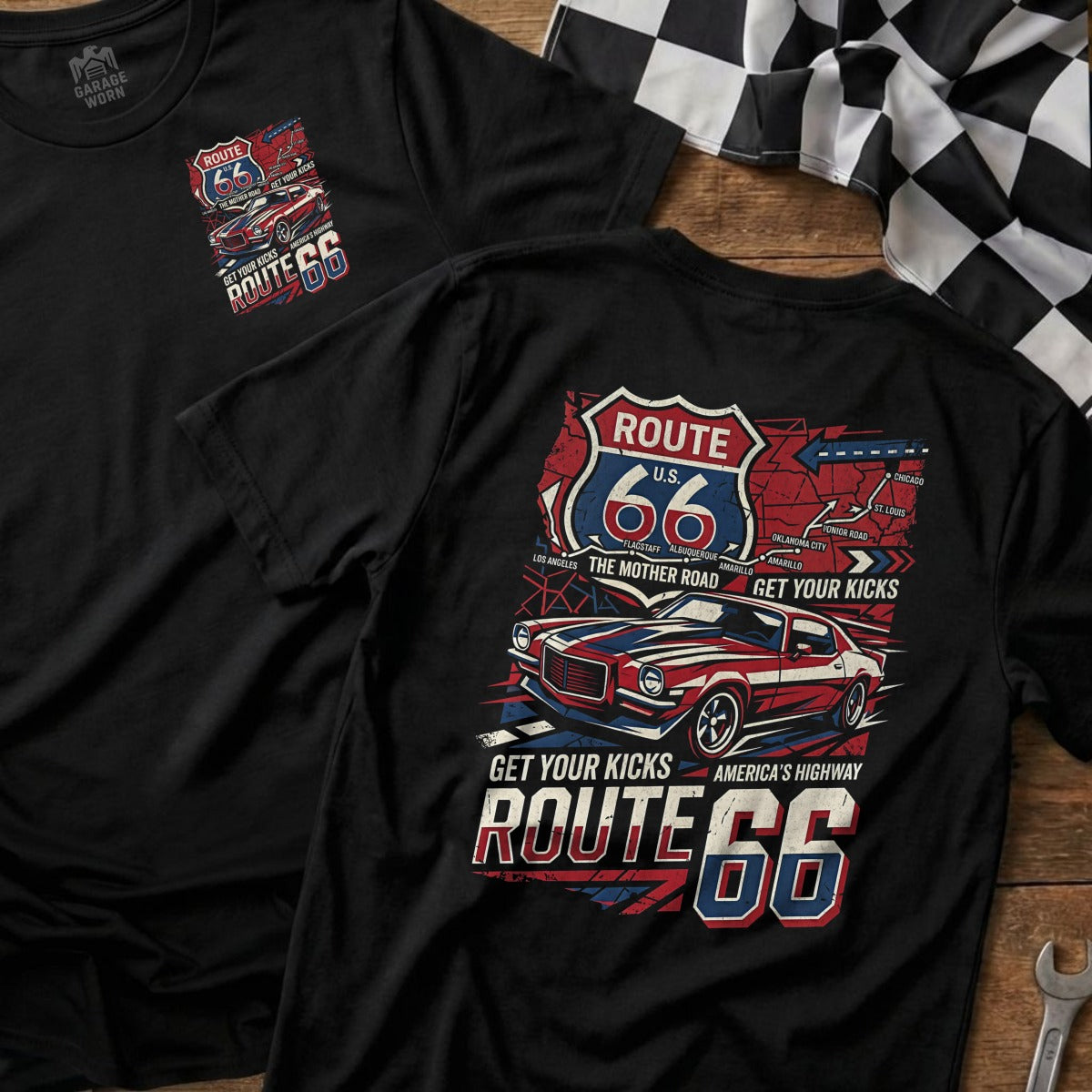 Black t-shirt featuring Route 66 graphic with US map and "Get Your Kicks" text.