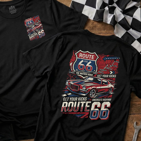 Black t-shirt featuring Route 66 graphic with US map and "Get Your Kicks" text.