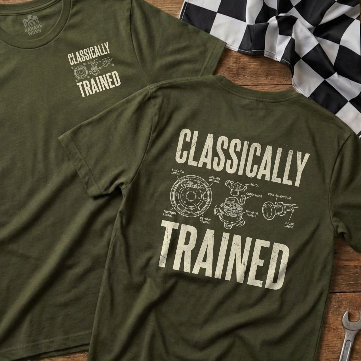 Green t-shirt with "CLASSICALLY TRAINED" and automotive component diagram.