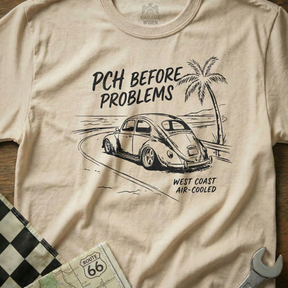 Beige t-shirt with PCH Before Problems and West Coast Air-Cooled text, VW Beetle and palm tree graphic.