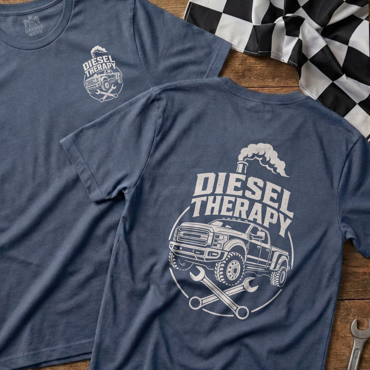 Blue t-shirt with "Diesel Therapy" graphic featuring a truck and wrenches.