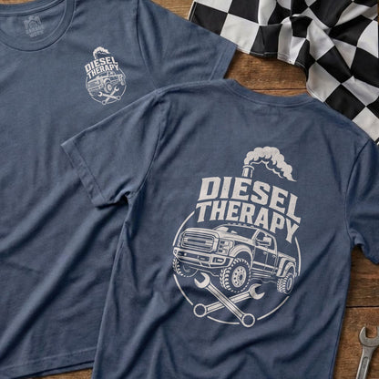Blue t-shirt with "Diesel Therapy" graphic featuring a truck and wrenches.