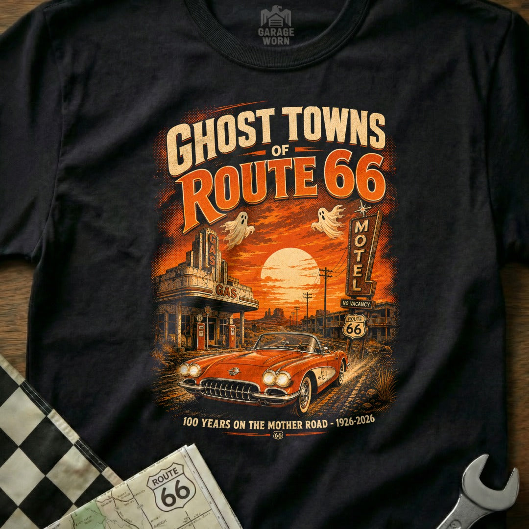 T-shirt with "Ghost Towns of Route 66" graphic, vintage car, and motel.