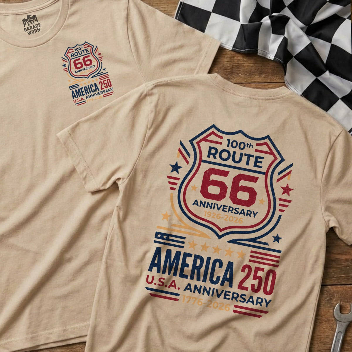 T-shirt with Route 66 100th Anniversary and America 250 designs.