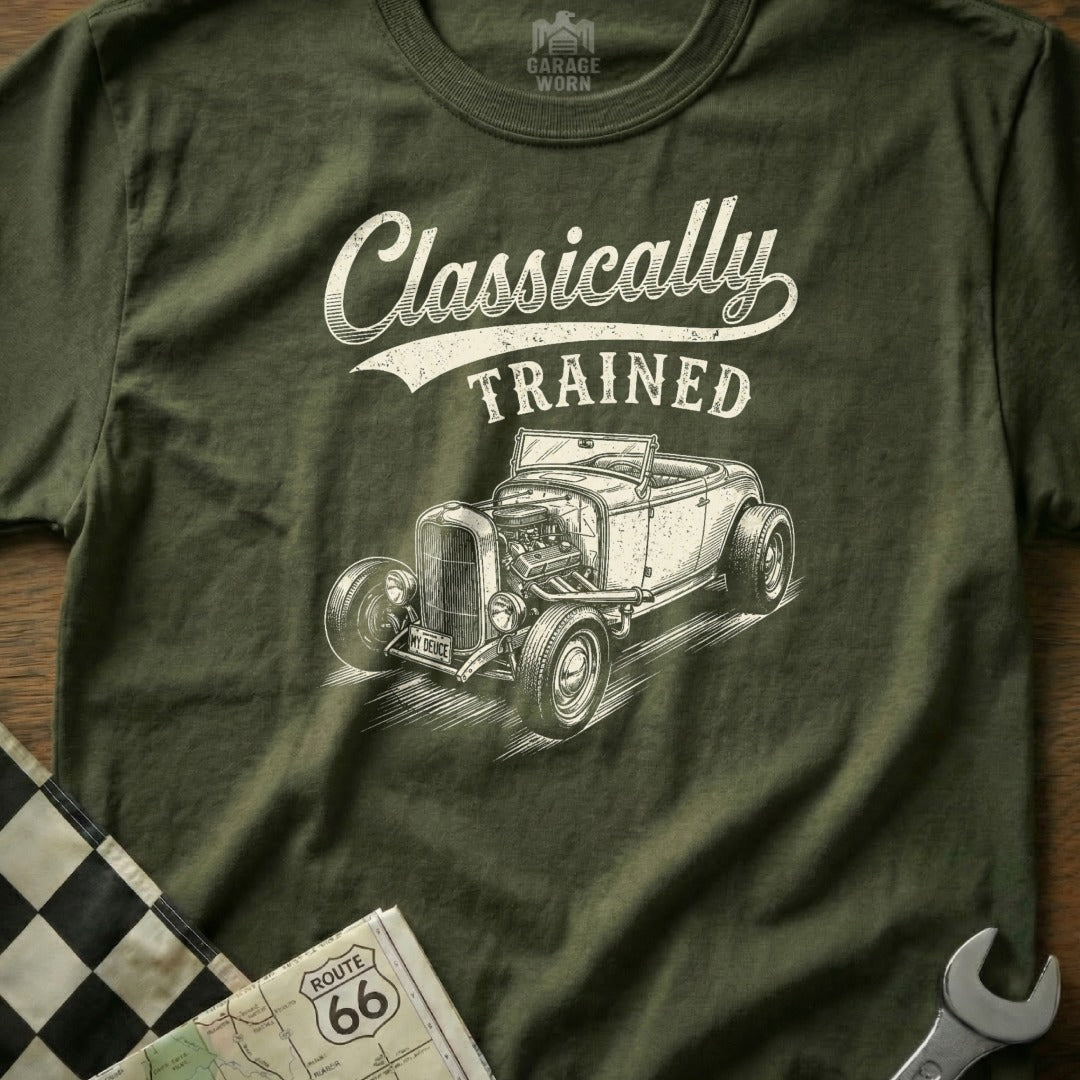 Olive green t-shirt with "Classically Trained" text and a vintage hot rod illustration.