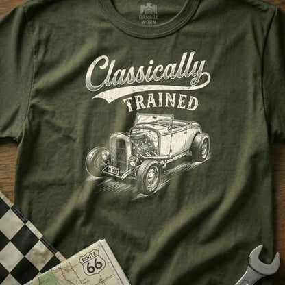 Olive green t-shirt with "Classically Trained" text and a vintage hot rod illustration.