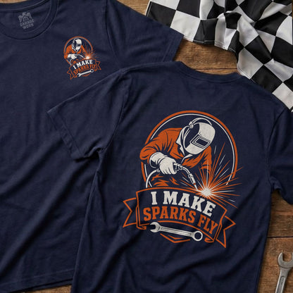 Navy t-shirt with a graphic of a welder and "I MAKE SPARKS FLY" text.