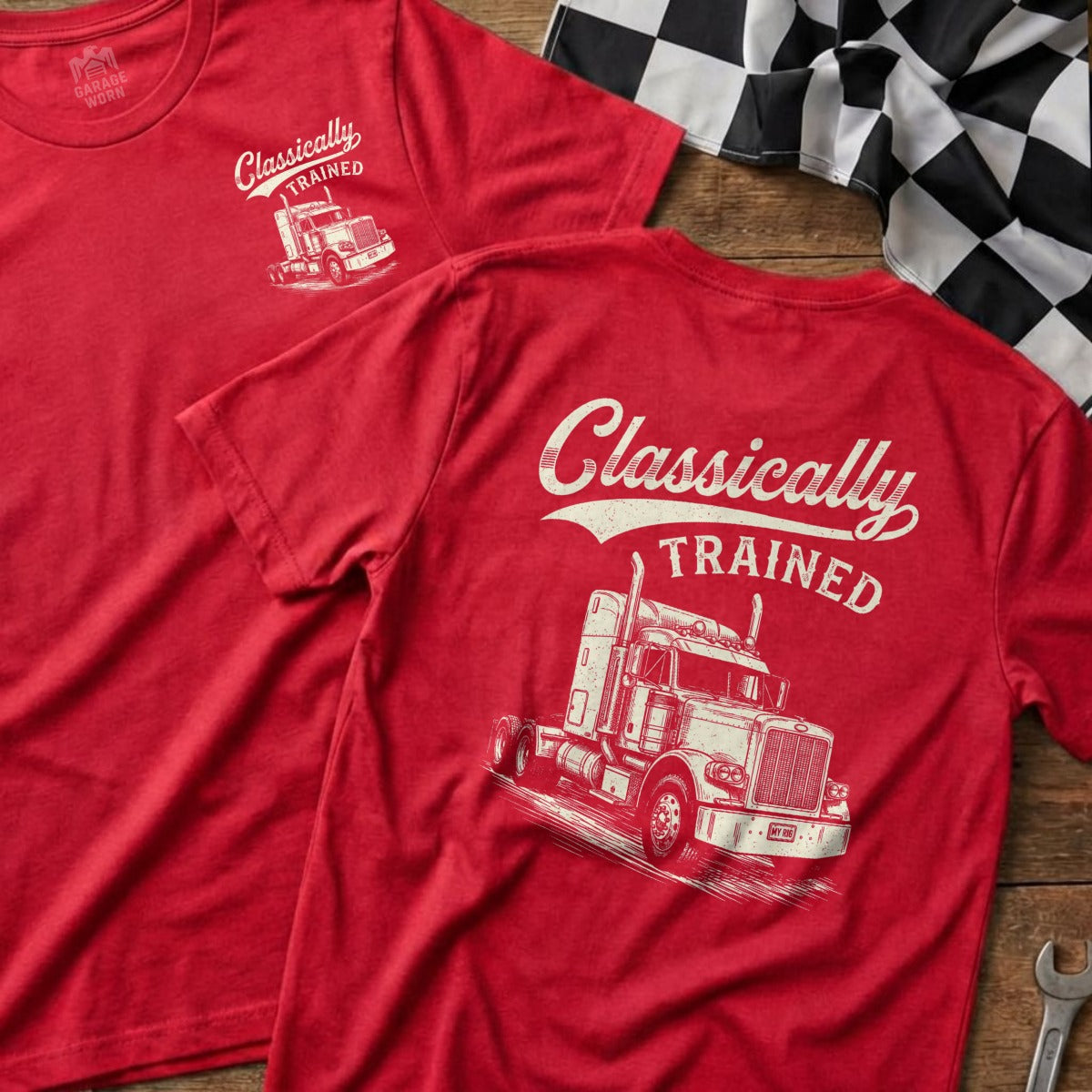 Red t-shirts feature "Classically TRAINED" text and a graphic of a semi-truck.