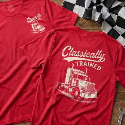 Red t-shirts feature "Classically TRAINED" text and a graphic of a semi-truck.