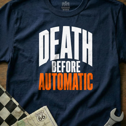 Navy t-shirt with white text "DEATH BEFORE AUTOMATIC" and "GARAGE WORN" logo.