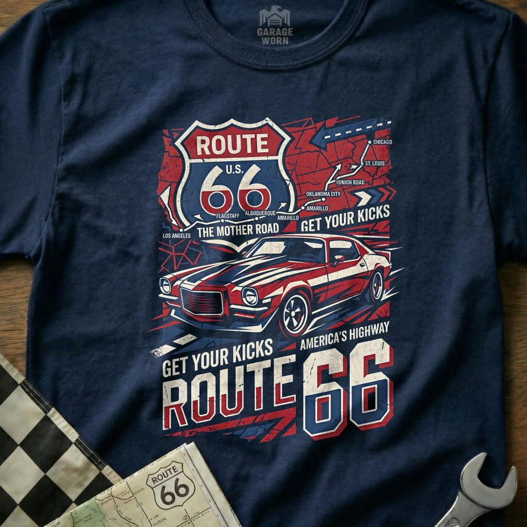 Navy t-shirt with "Route 66" graphic featuring a classic car and highway map.